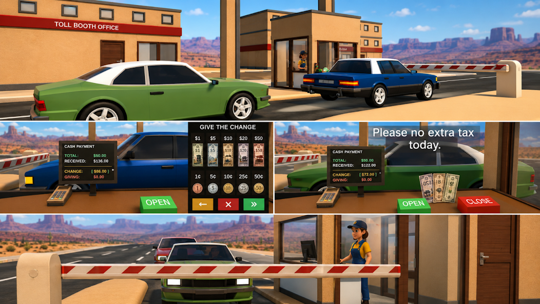 Toll booth gameplay, vehicle queue and payment interactions