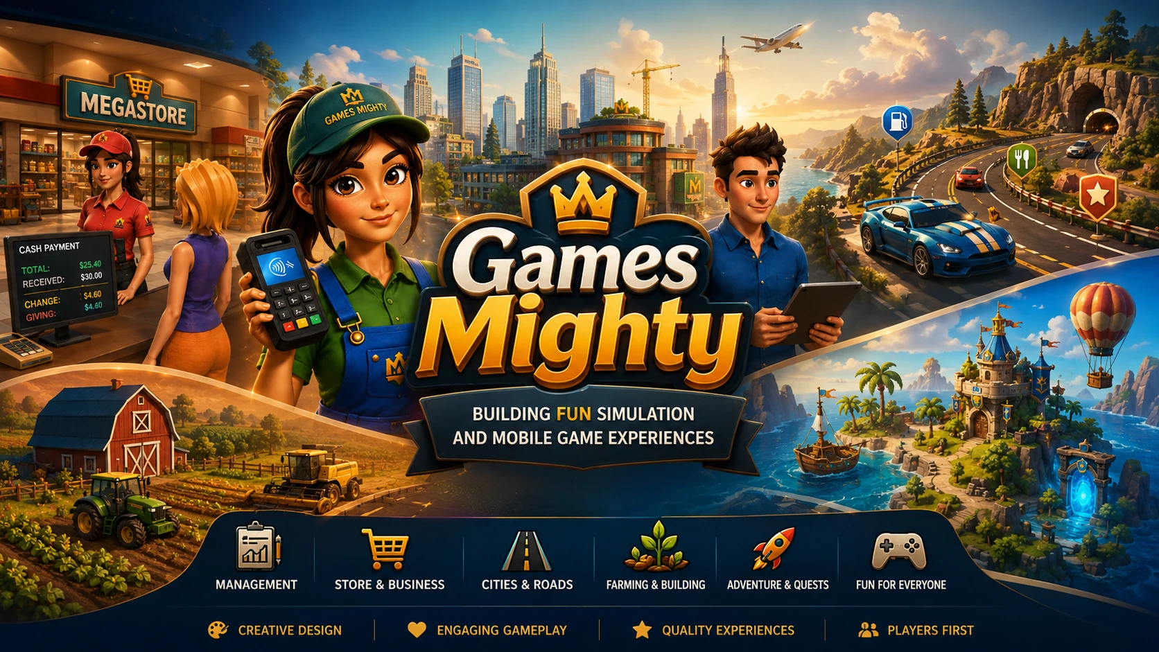 Illustrated Games Mighty worlds featuring management, roads, farming and adventure themes